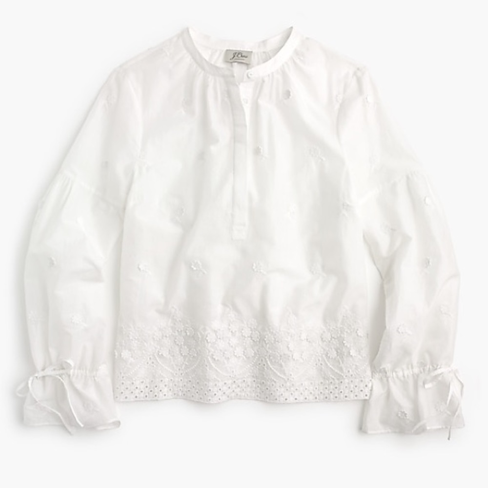 EUC J.Crew White Embroidered Floral Popover Shirt